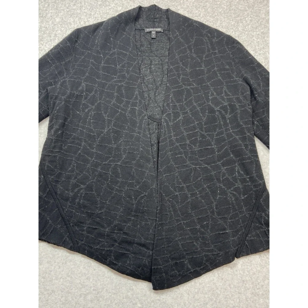 Eileen Fisher Cardigan Sweater Womens L Black Cotton Blend Geometric Open Knit